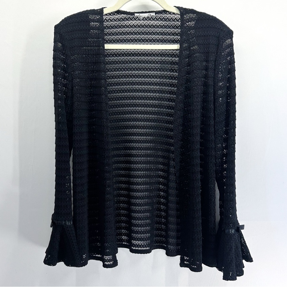 Vintage Black Crochet Open Knit Sheer Cardigan Bell Sleeve Bow Ribbon Whimsigoth